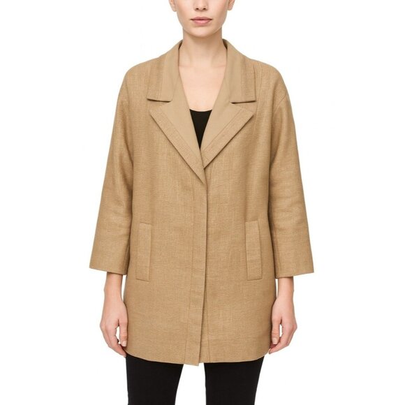 Paule Ka Textured Woven Tweed Long Jacket Tan Khaki - Picture 1 of 17